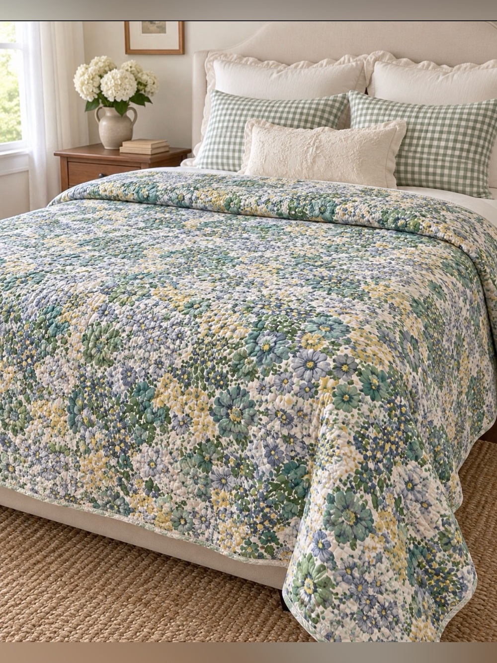 Laura Ashley Full Queen Reversible Quilt  Floral ticking stripe Cotton